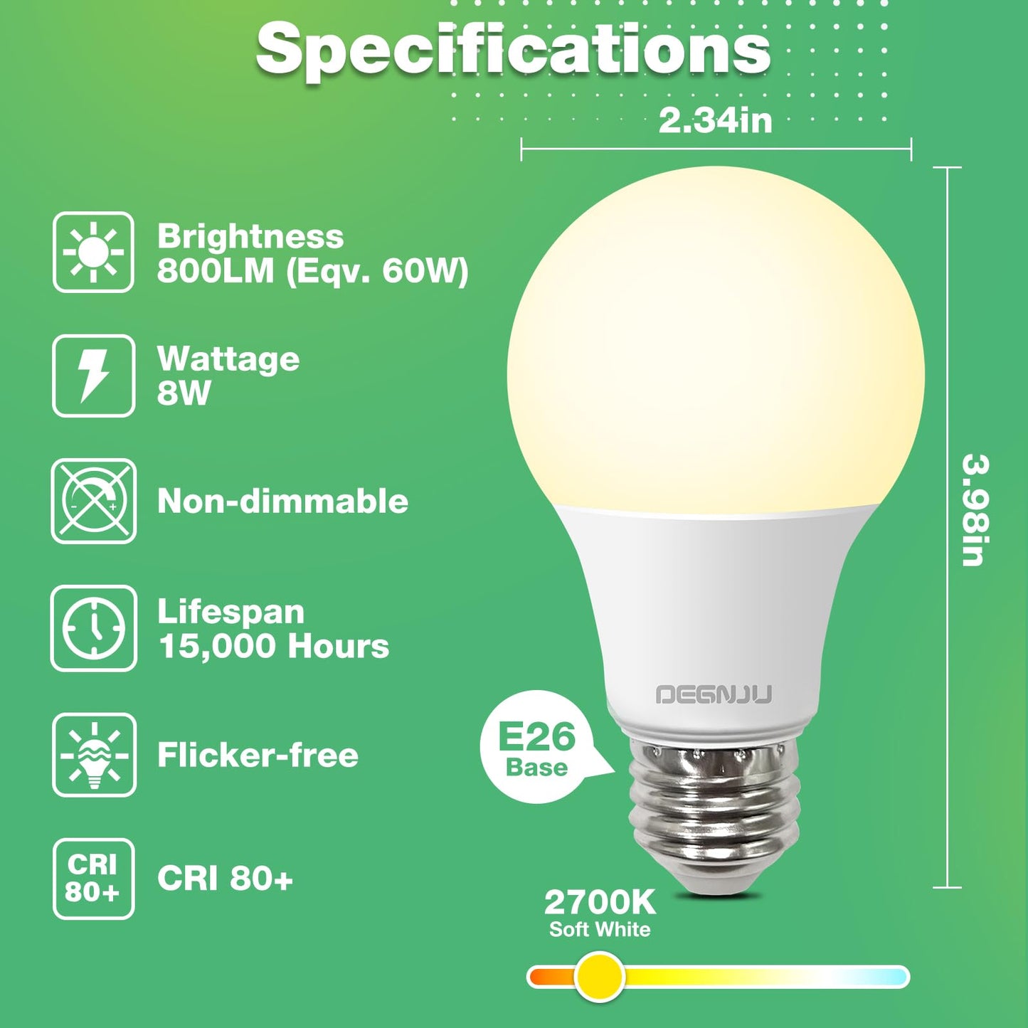 DEGNJU A19 LED Light Bulbs, 60 Watt Equivalent LED Bulb, 2700K Soft White 800Lumen Light Bulb 8.5W, Non-Dimmable Lighting E26 Base, CRI 80+, 15000+ Hours Lifespan, Pack of 24